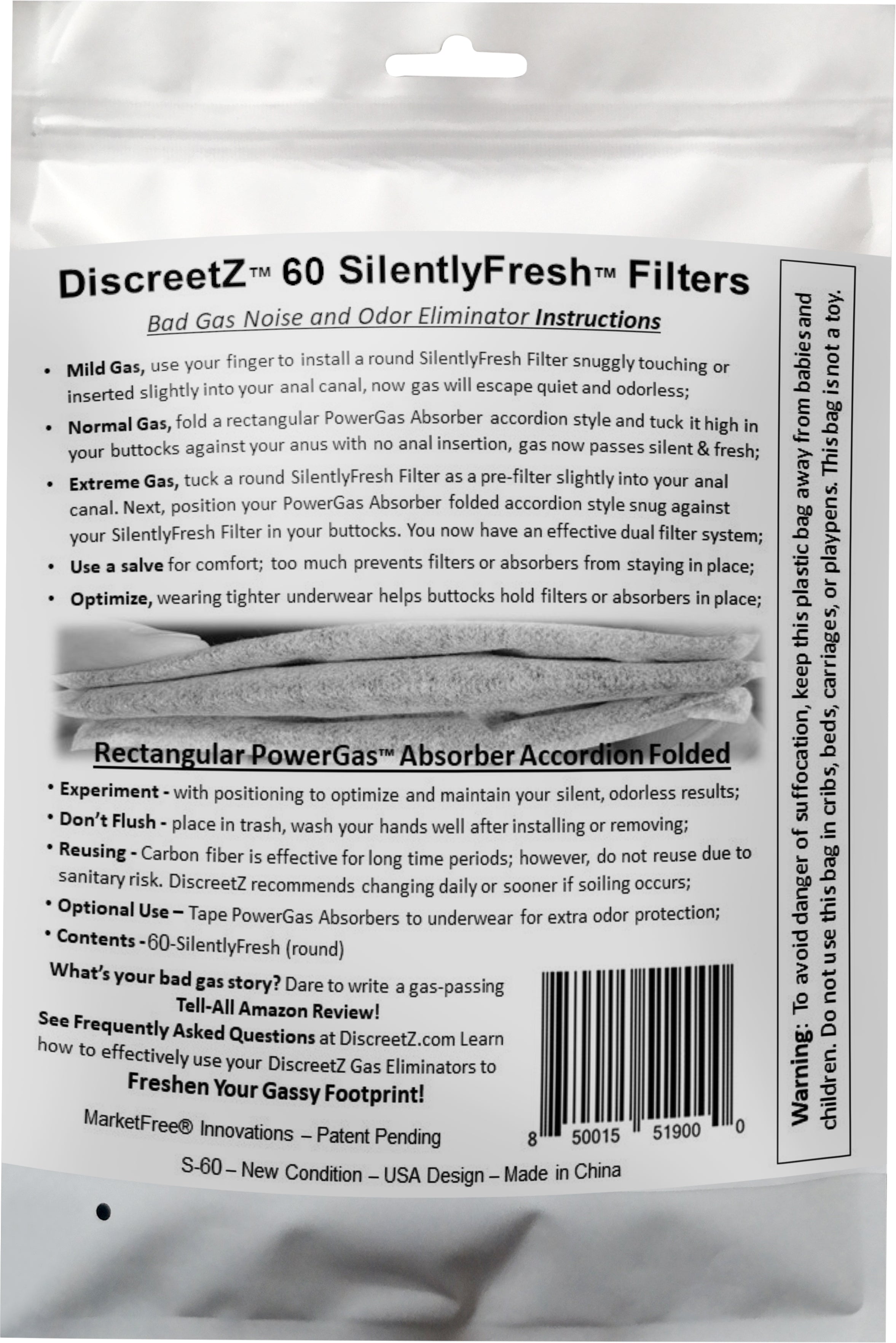 Effective fart eliminators stop odors & farting noises up to 100%. End loud, smelly flatulence embarrassment! S-60 SilentlyFresh Filters for Mild Gas Days. (Bulk Pack)