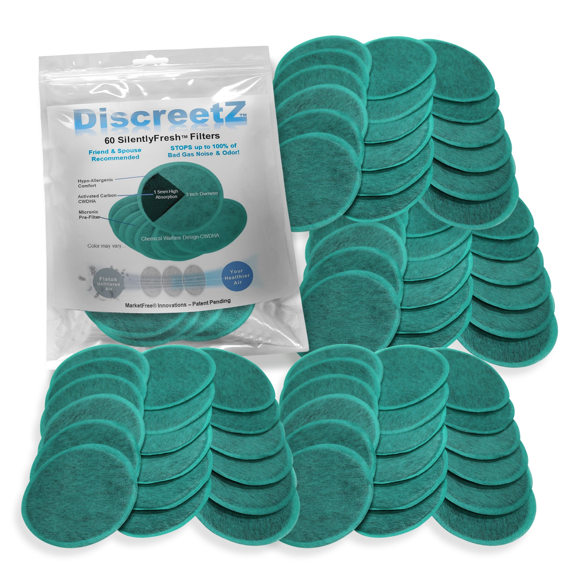 Effective fart eliminators stop odors & farting noises up to 100%. End loud, smelly flatulence embarrassment! S-60 SilentlyFresh Filters for Mild Gas Days. (Bulk Pack)