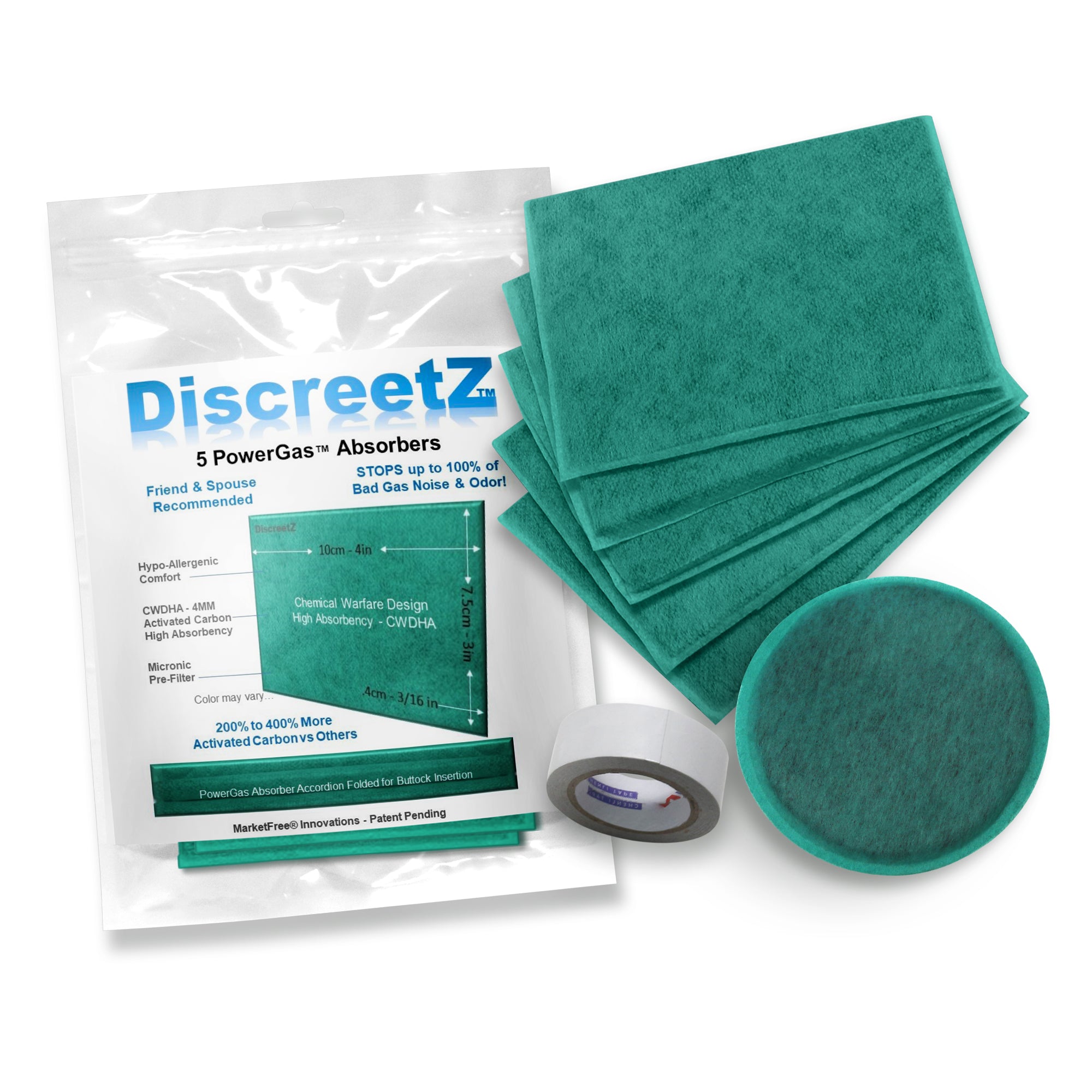 Extra Strength fart eliminators absorb & eliminate up to 100% of embarrassing fart smell & farting noise! Best fart absorber pads. P-5 PowerGas Absorbers for Bad Gas Days. (Starter Pack)